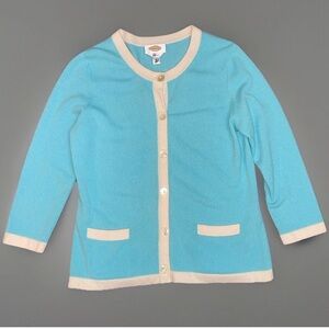 Talbots Pure Cashmere Cardigan Sweater Medium Aqua & Cream Crewneck 3/4 Sleeve